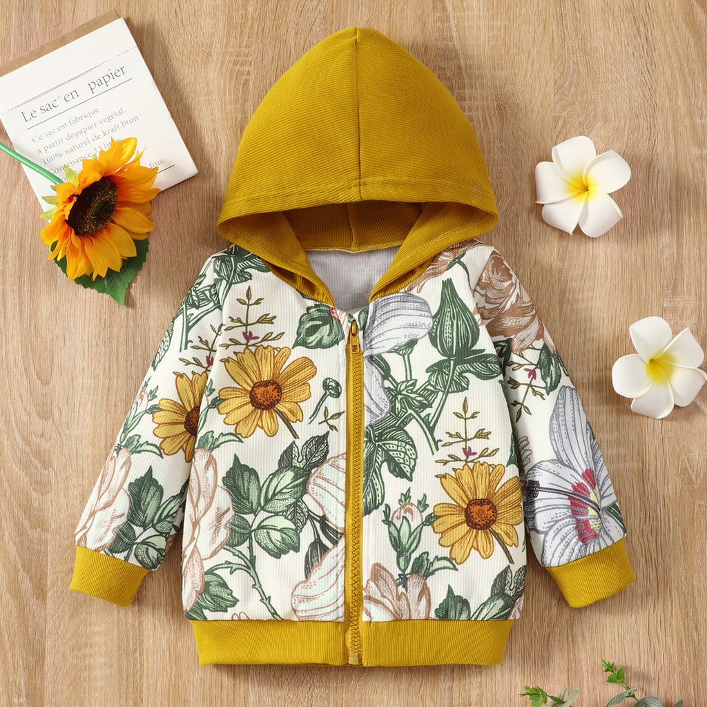 Toddler Kids Floral Print Hooded Zip Sweater Coat - PrettyKid