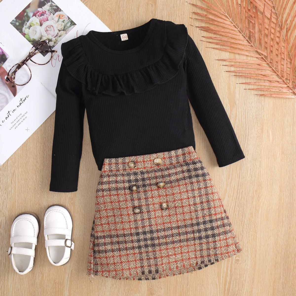 Children Girls Long Sleeve Round Neck Lace Knit Top Plaid Half Skirt Set - PrettyKid