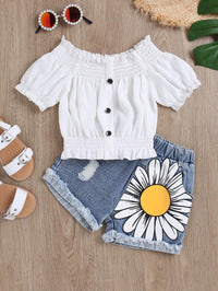 Slotted Collar Hole Flower Denim Short Girls Suit