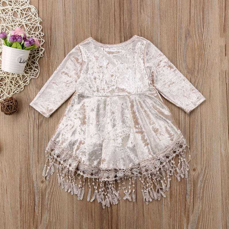 Toddler Children Girls' Long Sleeved Tassel Swallow Tail Lace Dress Princess Skirt - PrettyKid