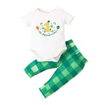 Baby Boys Solid Monogram Print Short Sleeve Jumpsuit Green Check Trousers Set St. Patrick's Day Clothing - PrettyKid