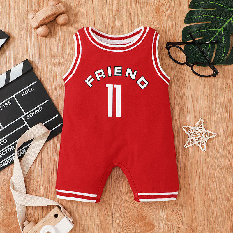 Baby Boys Solid Colour Monogrammed Sleeveless Sports Basketball Jumpsuit - PrettyKid