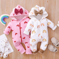 Baby Girl Solid Color Long Sleeve Love Rainbow Printed Hoodie Bow Jumpsuit - PrettyKid