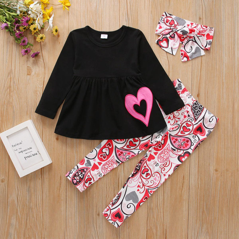 Children Girls' Long Sleeved Skirt, Printed Trousers Hair Band Valentine's Day Set - PrettyKid