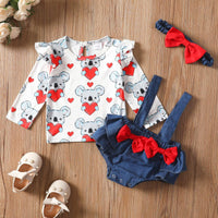 Toddler Boys Girls Cartoon Koala Love Printed Top Denim Strap Bow Pants Set - PrettyKid