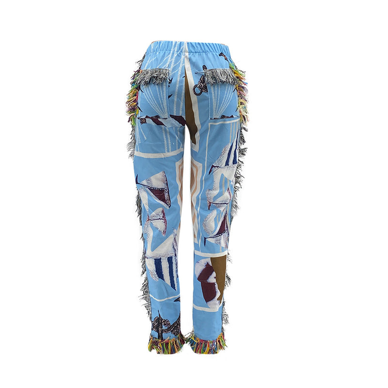 Women's Colorful Fringed Flannel Pants- Blue - PrettyKid