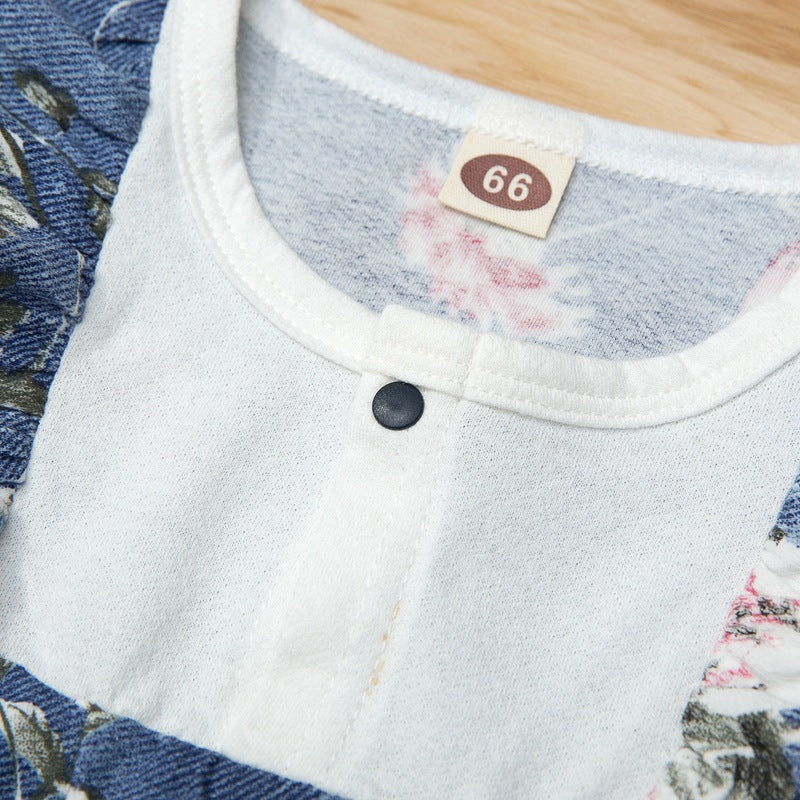 Baby Girls Printed Long Sleeve Denim Jumpsuit - PrettyKid