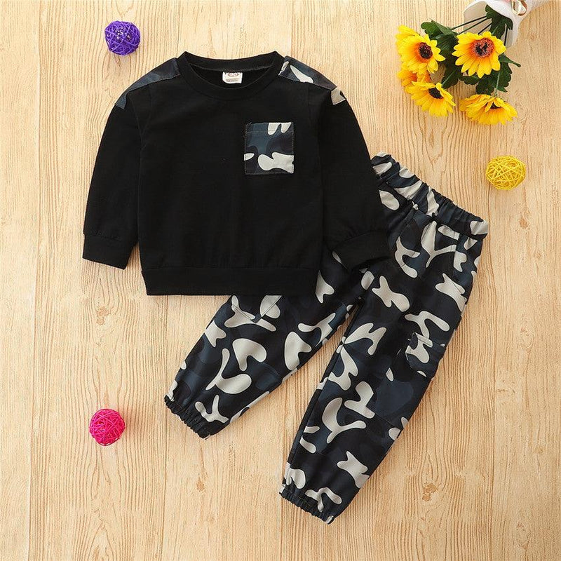 Toddler Kids Boys Solid Color Round Neck Long Sleeve Top Camouflage Pants Set - PrettyKid