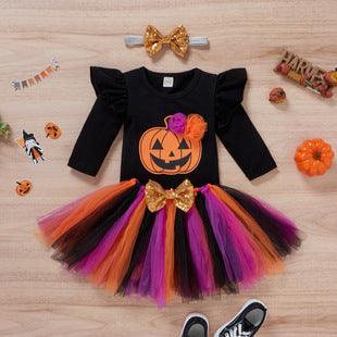 Baby Girls Halloween Black Smiley Face Pumpkin Jumpsuit Mesh Skirt Set - PrettyKid