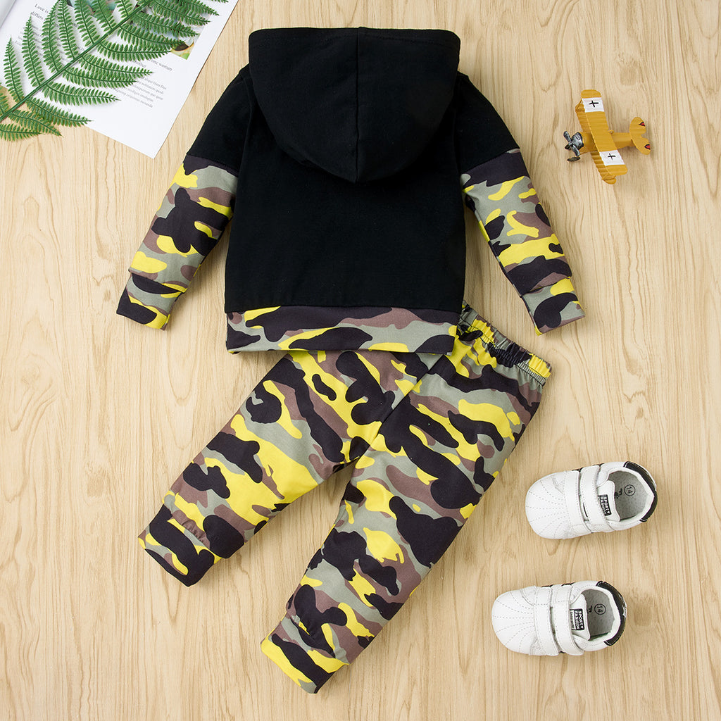 Toddler Boys Black Long Sleeve Letter Printed Camouflage Pants Set - PrettyKid