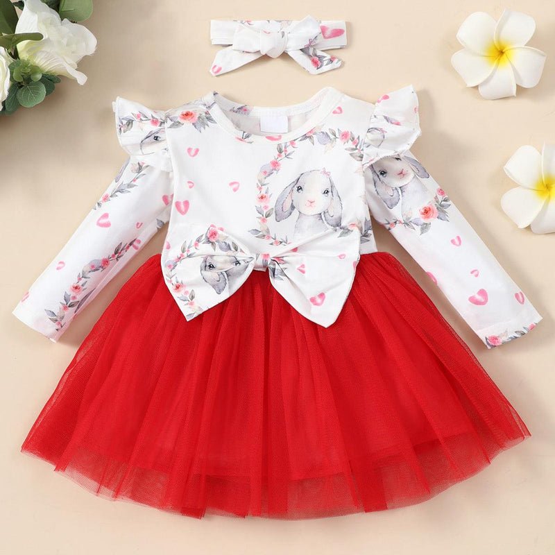 Toddler Girls Lovely Rabbit Print Bow Long Sleeve Dress - PrettyKid