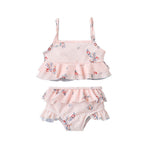 Toddler Kids Girls Solid Pink Flower Print Suspender Split Swimsuit Swimming Set - PrettyKid