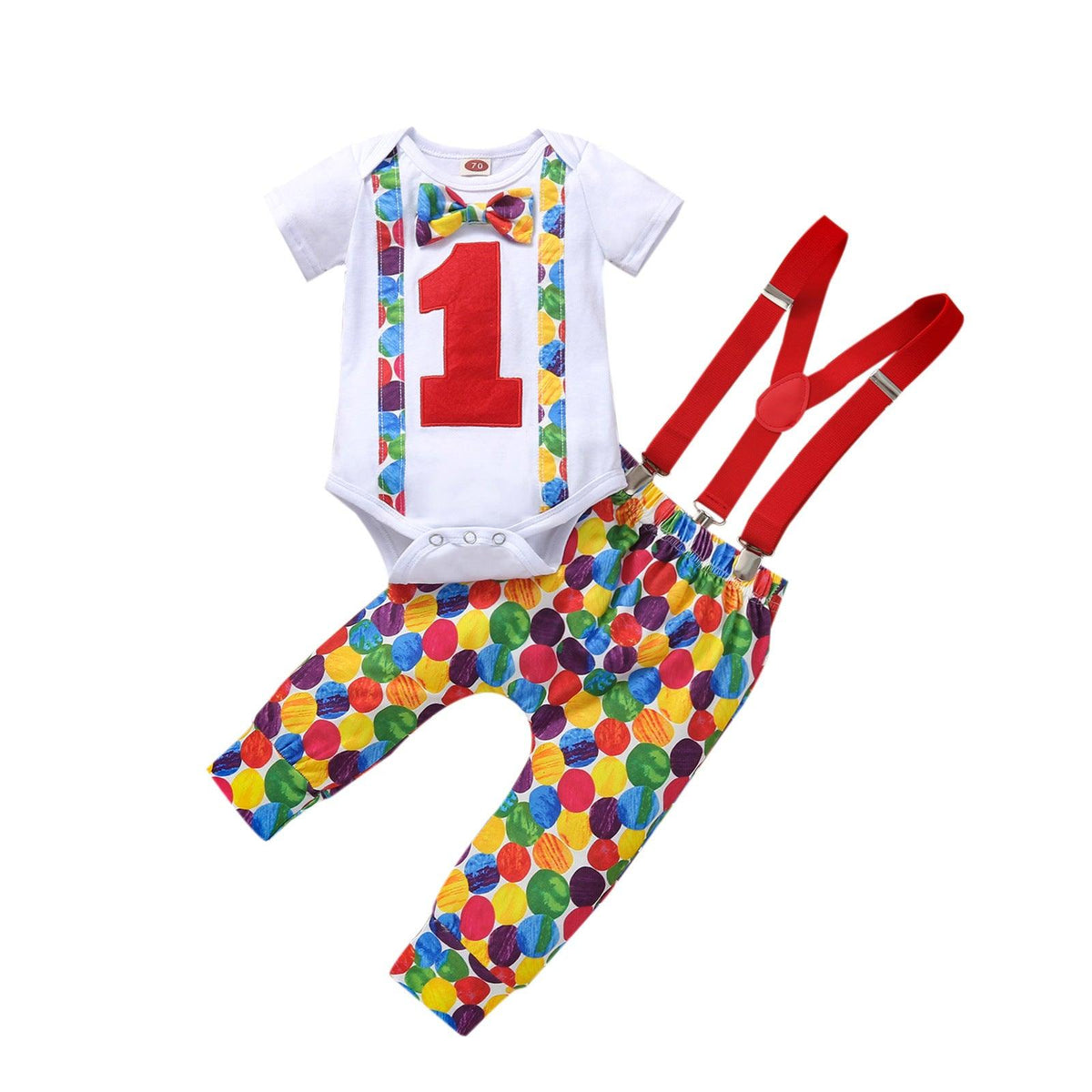 Baby Boys Dot Digital Print Bow Tie Round Neck Long Sleeve Strap Trousers Jumpsuit Suit - PrettyKid