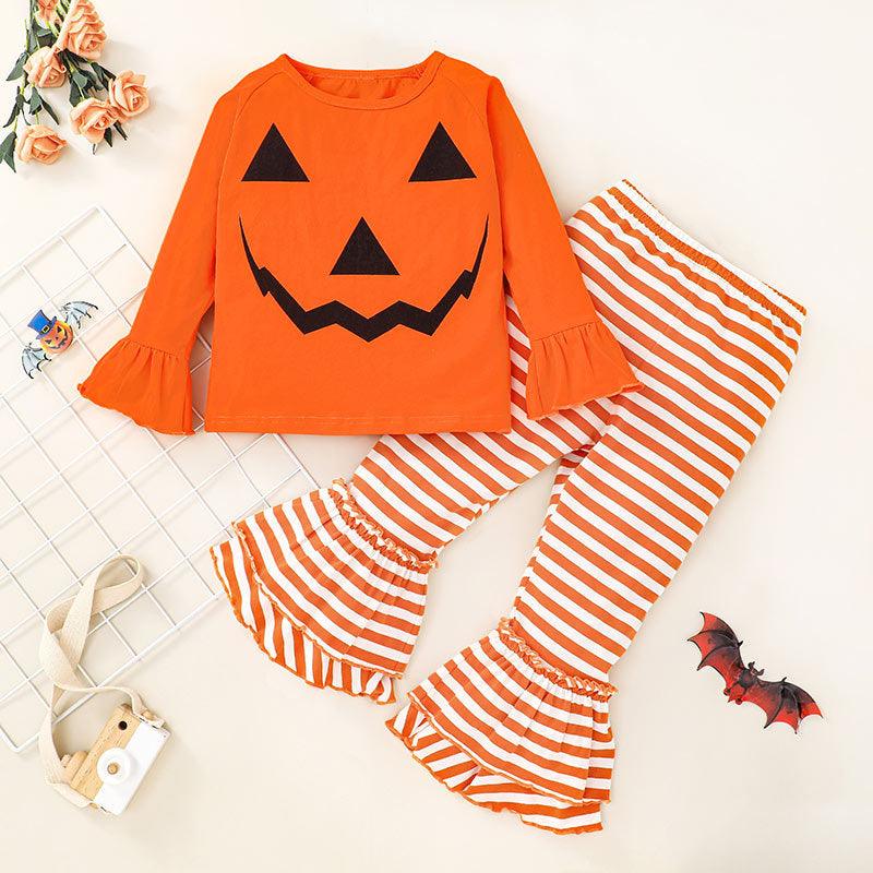 Toddler Kids Girls Halloween Pumpkin Print T-Shirt Striped Flared Pants Set Wholesale Childrens Clothing Online - PrettyKid