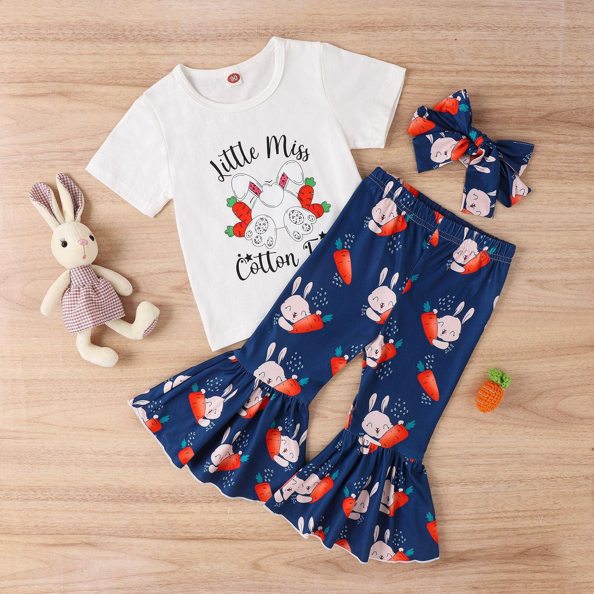 Easter Girls' Letter Printing Short-sleeved Rabbit Flare Trousers Three-piece Set