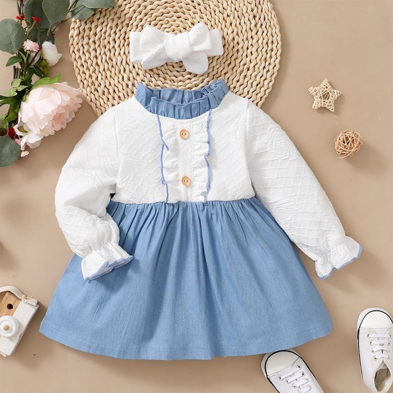 Toddler Girl Solid Color Contrast Pleated Round Neck Long Sleeve Dress - PrettyKid