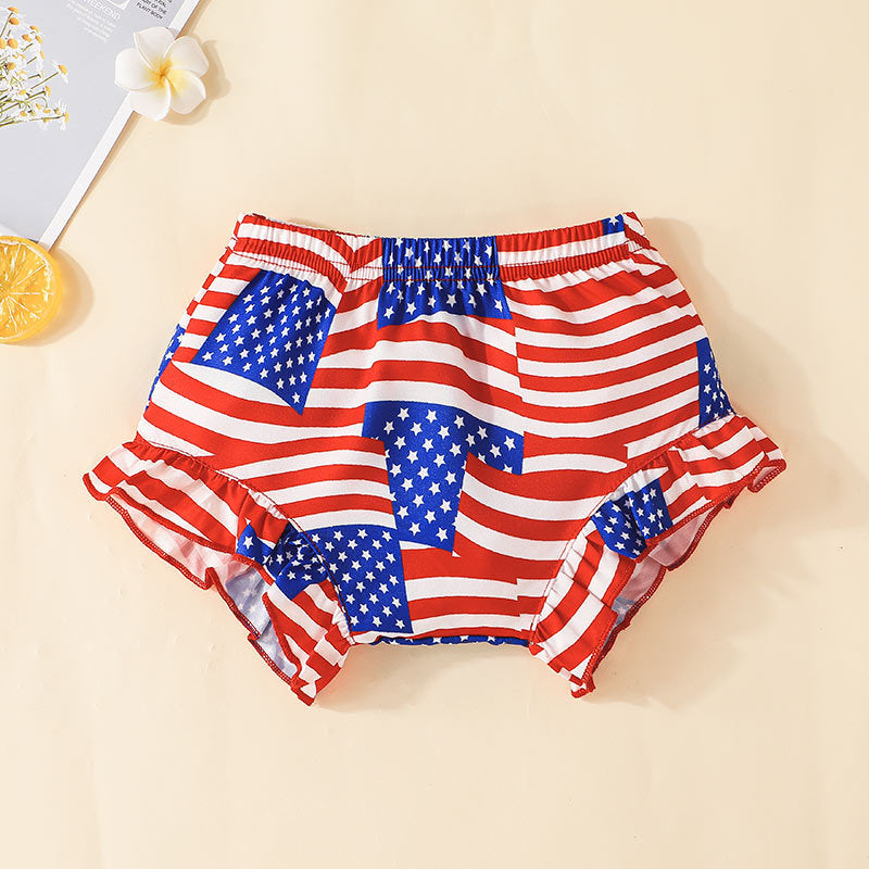 Baby Girls Striped Bow Suspender Triangle Shorts Hair Band Independence Day Suit - PrettyKid