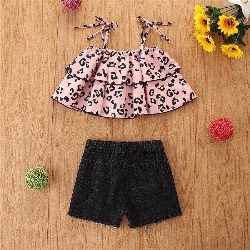 Toddler Kids Girls Leopard Suspender Top Denim Shorts 2pcs Set Wholesale Girls Boutique Clothing - PrettyKid