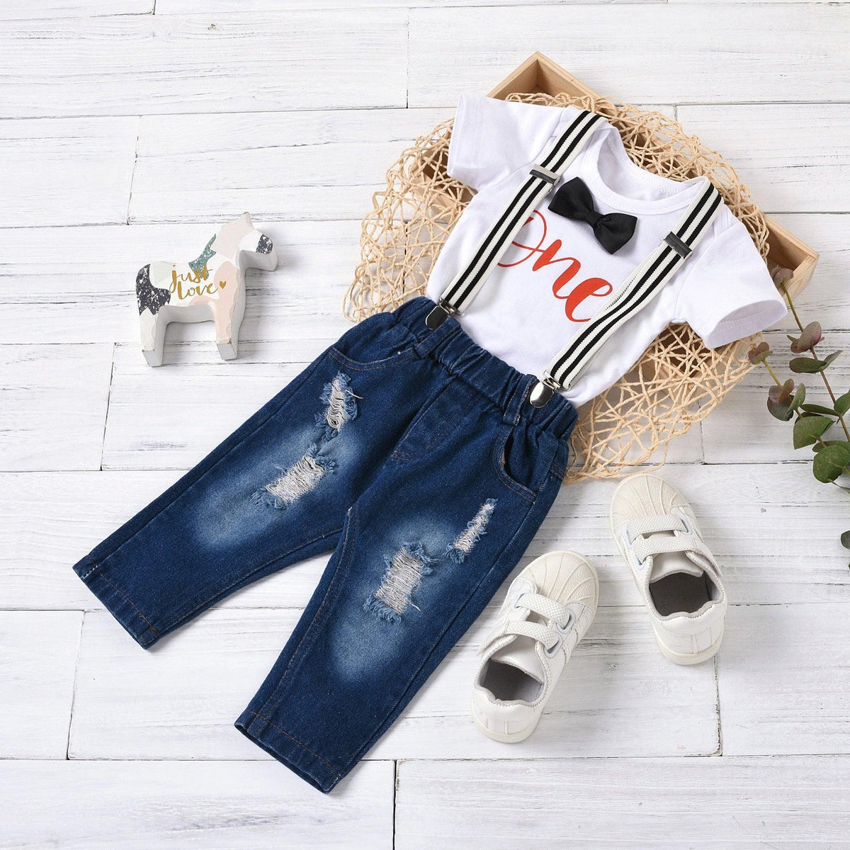 Baby Boys Solid Letter Print Bow Tie Short Sleeve T-shirt Strap Denim Pants Set - PrettyKid