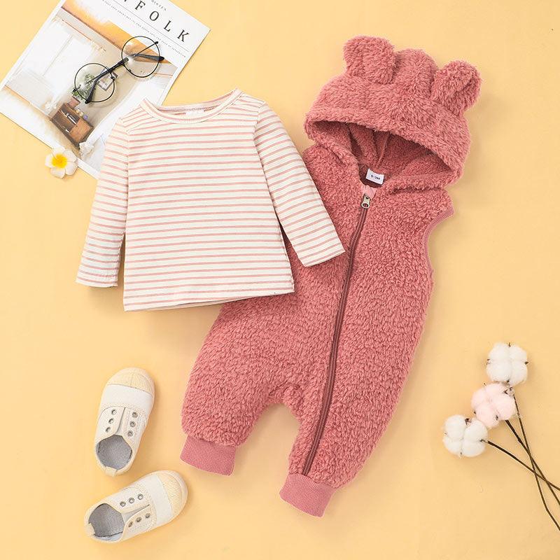 Baby Boys Girls Striped Long Sleeve T-shirt Solid Color Lovely Ear Hooded Sleeveless Romper Suit - PrettyKid