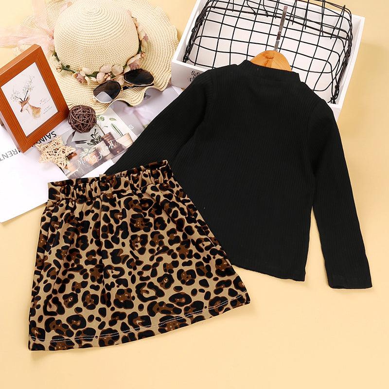 Toddler Kids Girls Solid Color Long Sleeve Top Leopard Print Skirt Set - PrettyKid