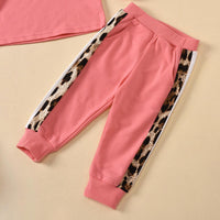 Toddler Kids Solid Color Round Neck Leopard Print Splicing Long Sleeve Sports Suit - PrettyKid