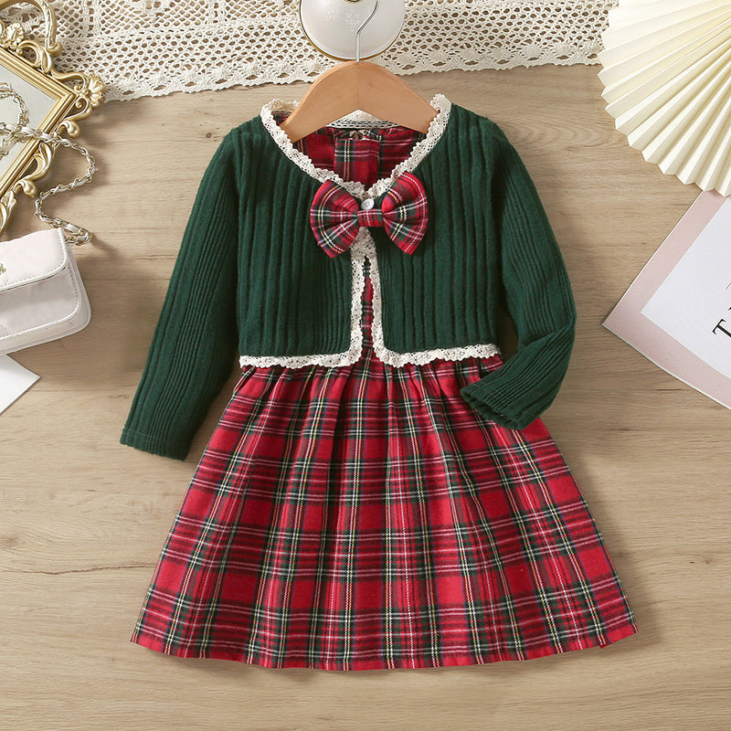 Toddler Kids Girls Solid Color Knit Jacket Plaid Undershirt Skirt Set - PrettyKid