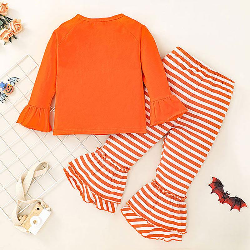 Toddler Kids Girls Halloween Pumpkin Print T-Shirt Striped Flared Pants Set Wholesale Childrens Clothing Online - PrettyKid