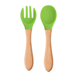 Children's Wooden Handle Silicone Spoon Fork Tableware - PrettyKid