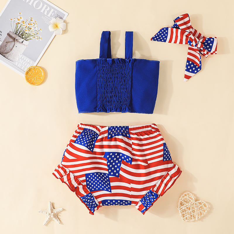 Baby Girls Striped Bow Suspender Triangle Shorts Hair Band Independence Day Suit - PrettyKid