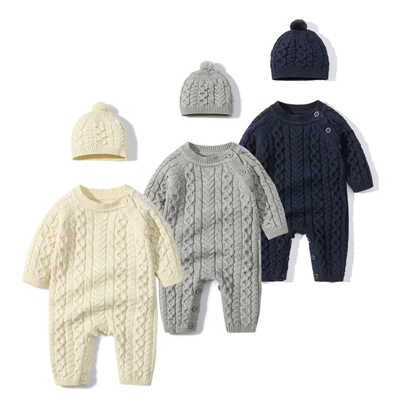 Baby Boys Girls Solid Color Twist Slant Button Down Knit Romper Hat Set - PrettyKid