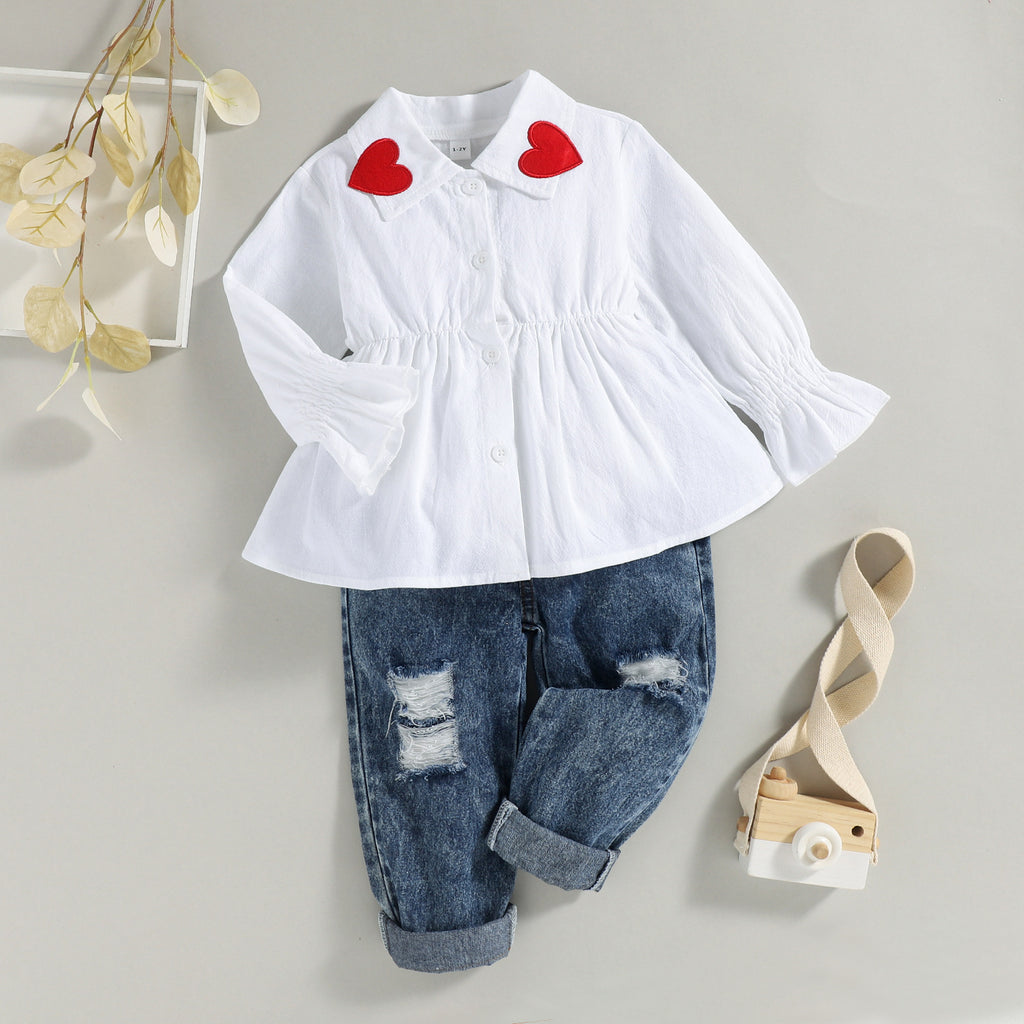 Toddler Kids Girls Girls Solid Color Flared Sleeve Drawstring Shirt Lace Jeans Set - PrettyKid
