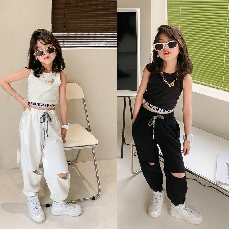 Girls Cropped Sleeveless Letter Print Tank Tops Ripped Pants Summer Suit - PrettyKid
