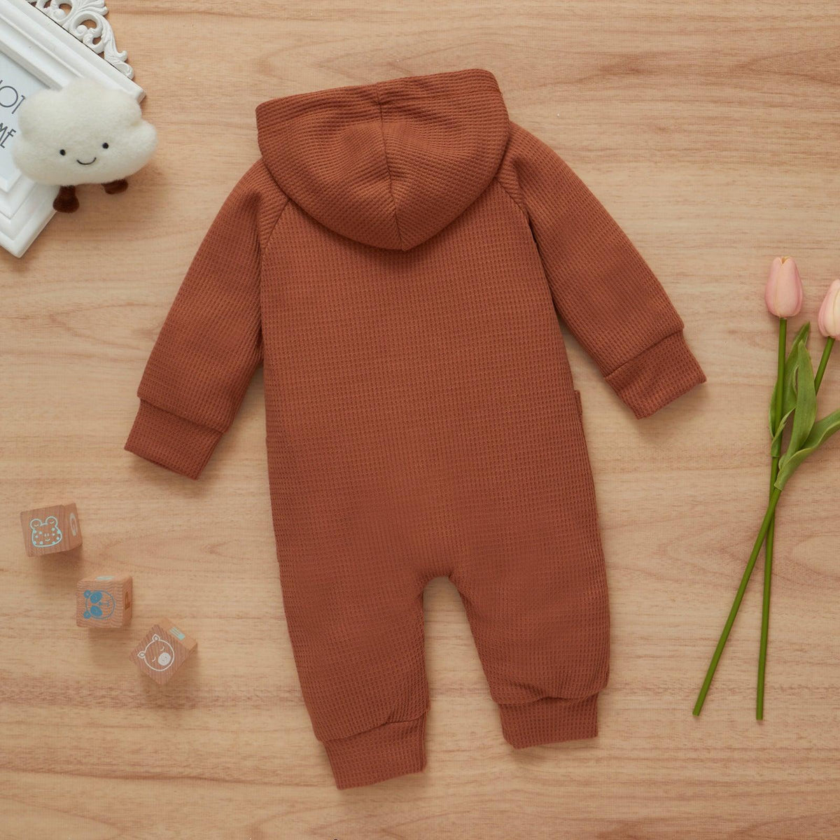 Baby Boys Girls Solid Color Long Sleeve Wool Waffle Hooded Jumpsuit - PrettyKid