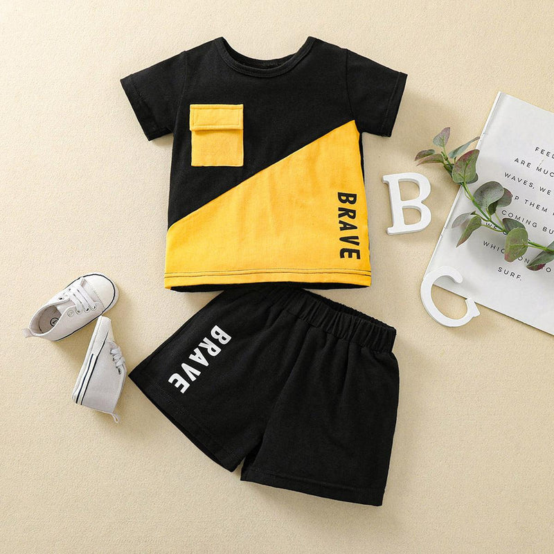 Toddler Boys Solid Letter Print Color Blocking Short Sleeve Set - PrettyKid