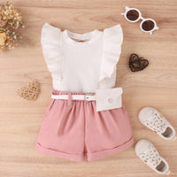 Spring and Summer Cotton Pit Strip Flying Sleeve Top Solid Color Shorts with Waist Bag Girls Suit