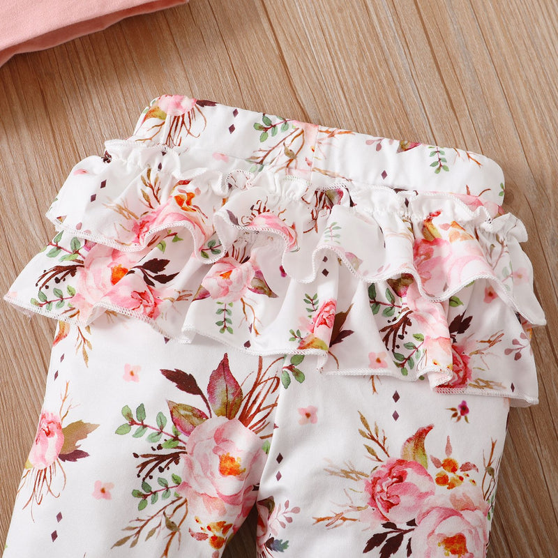 Toddler Girls Solid Color Love Printing Long Sleeve Hoodie Top Flower Pants Set - PrettyKid