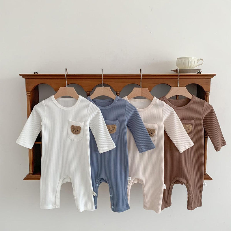 Baby Spring and Autumn New Style Pit Stripe Boys and Girls' Solid Little Bear Round Neck Bodysuit - PrettyKid