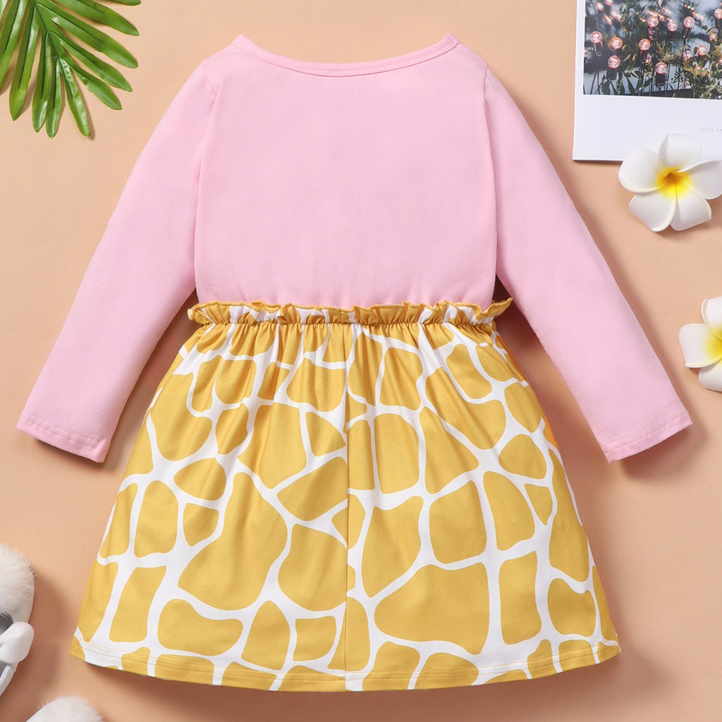 Toddler Kids Girl Solid Color Long Sleeve Giraffe Patchwork Embroidery Patchwork Dress - PrettyKid