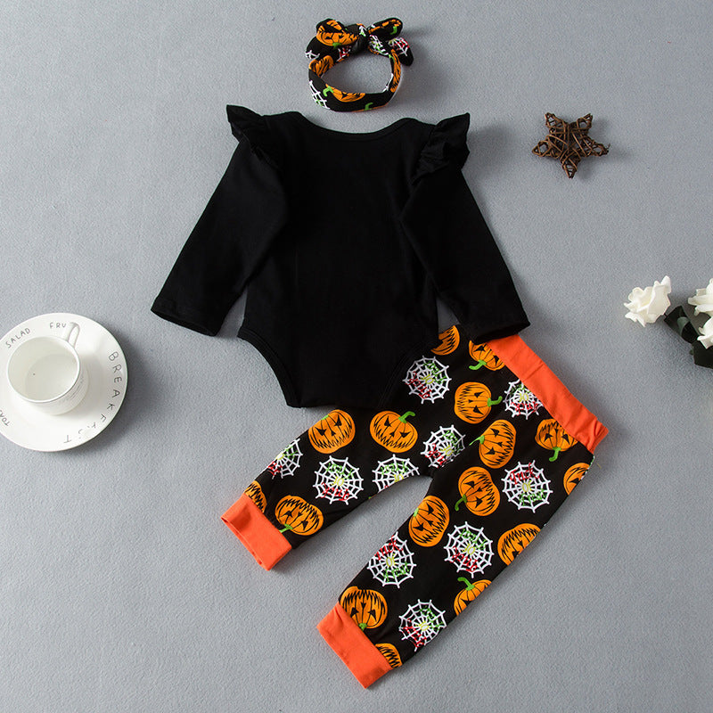 Baby Girls Halloween Pumpkin Print Long Sleeve Jumpsuit Two Piece Set - PrettyKid