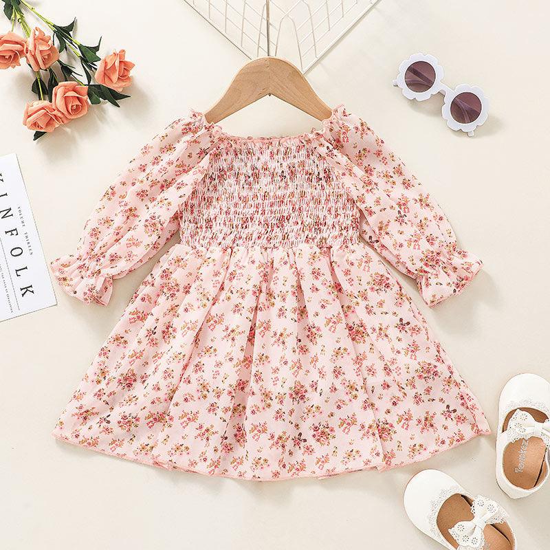 Toddler Girls Pink Flower Print Long Sleeve Dress - PrettyKid