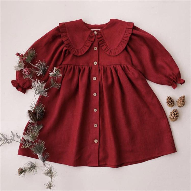 Toddler Kids Girl Linen Cotton Solid Lapel Long Sleeve Ruffle Dress - PrettyKid