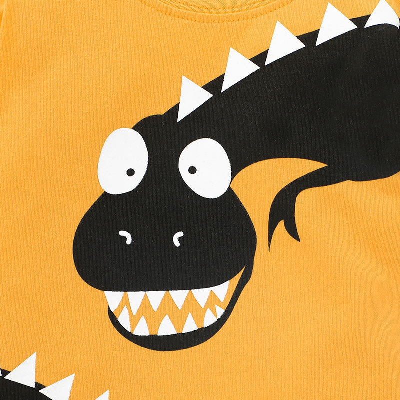 Toddler Boys Yellow Cartoon Dinosaur Crew Neck T-shirt - PrettyKid