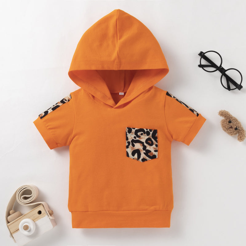 Toddler Boys Solid Leopard Print Stitched Hooded Short Sleeve Sweater Set - PrettyKid