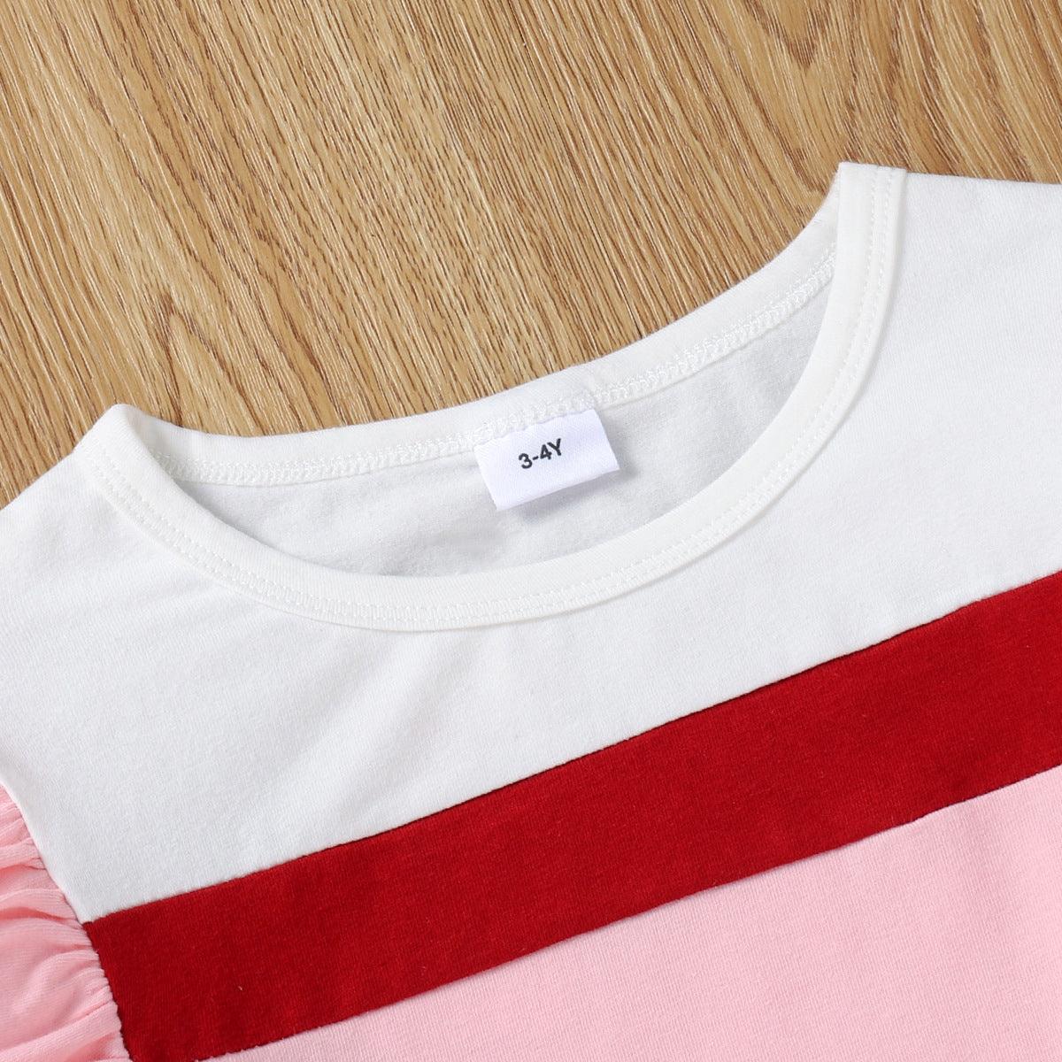 Toddler Kids Girls Solid Color Long Sleeve Ruffle Color Blocking Blouse - PrettyKid