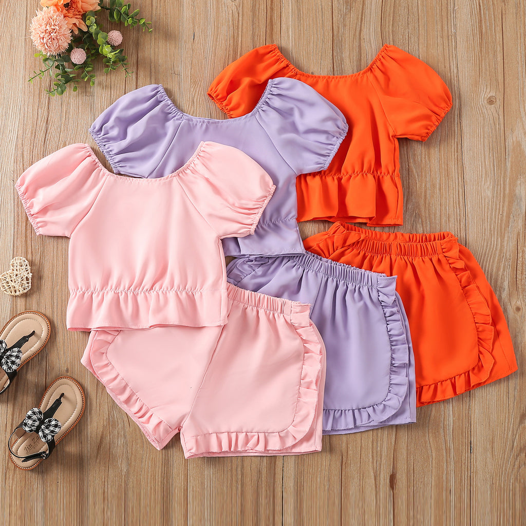 9M-4Y Round Neck Short Sleeve Fungus Edge Top Shorts Solid Color Suit Wholesale Baby Clothes - PrettyKid