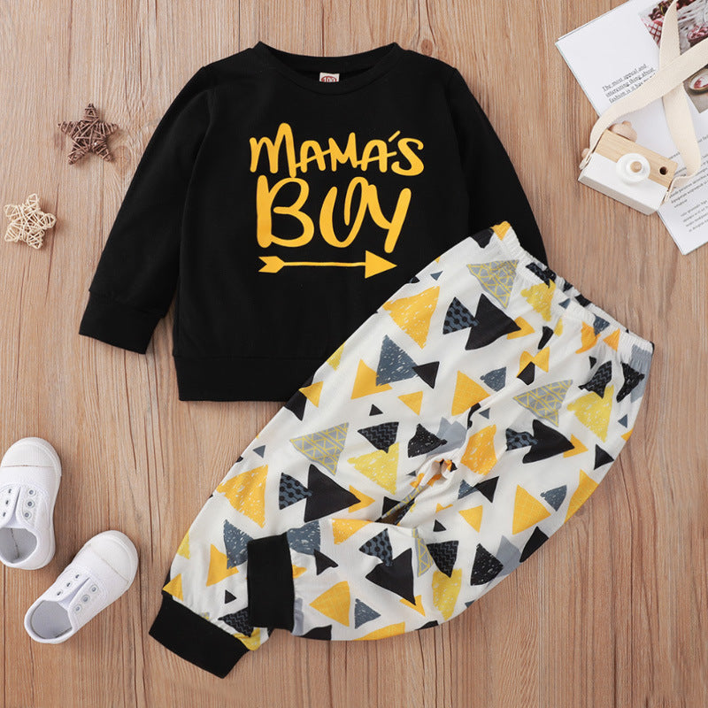Toddler Kids Boys Black Mama's Boy Letter Long Sleeve Top Triangular Print Pants Set - PrettyKid