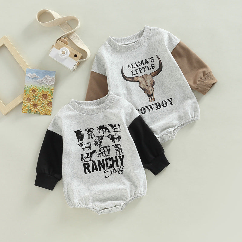Children's Wear Spring and Autumn 2022 Baby Baby Letter Animal Print Splicing Sleeve Pullover Romper - PrettyKid
