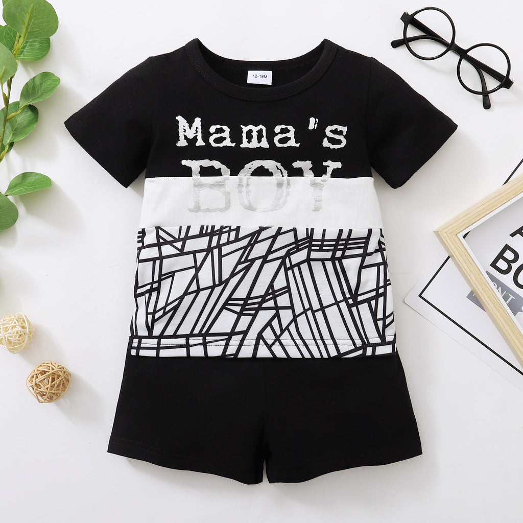 Toddler Kids Boys Solid Mama's Boy Letter Print Short Sleeve Suit - PrettyKid