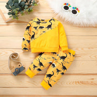 Toddler Kids Boys' Round Neck Dinosaur Print Color Blocking Long-sleeved Suit - PrettyKid